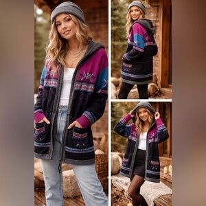 Vintage HKA Wool Hooded Cardigan L Handloomed Embroidered Boho Nordic Knit